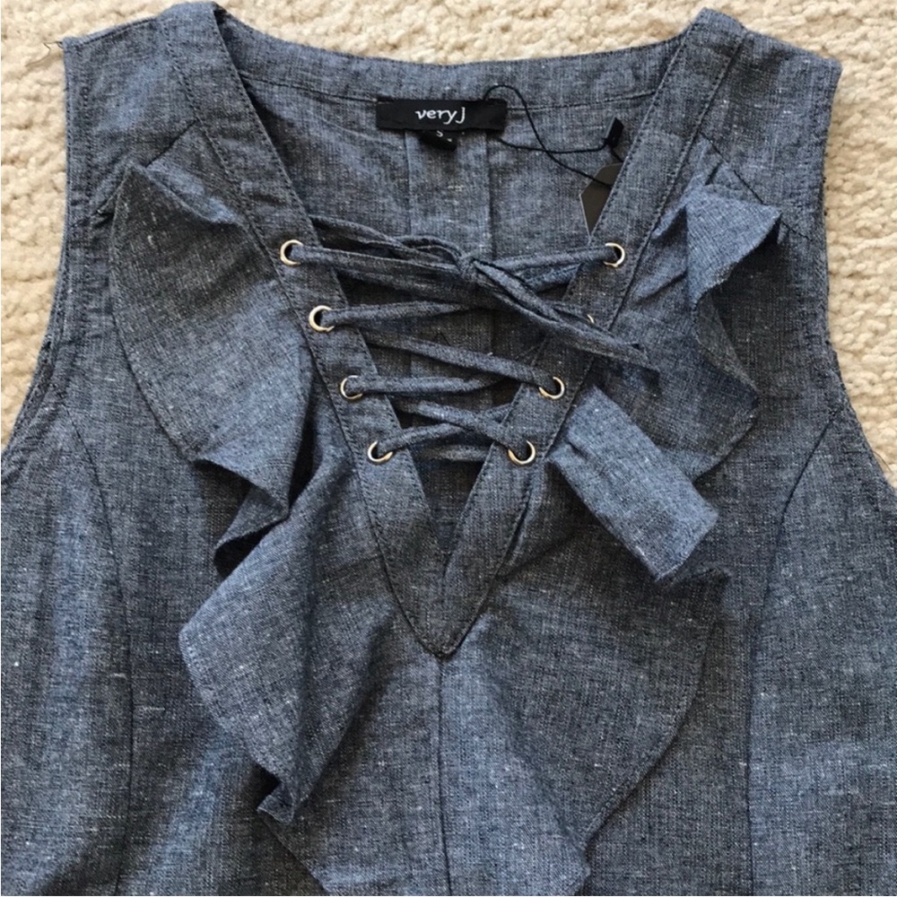 Chambray, Ruffle Front Sleeveless Dress in Indigo - Picture 3 of 5